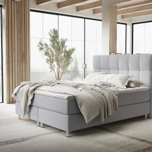 Boxspringbed met hoofdeinde van geweven stof – Elisio – matras en dekmatras – 140×200 cm – lichtgrijs