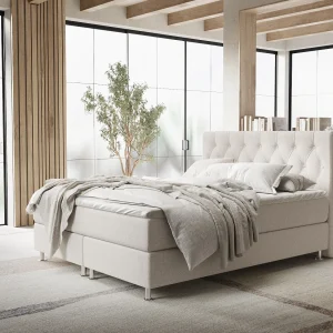 Boxspringbed met hoofdeinde van geweven stof – Excelsior – matras en dekmatras – 180×200 cm – beige