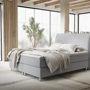 Boxspringbed met hoofdeinde van geweven stof – Chermin – matras en dekmatras – 200×200 cm – lichtgrijs