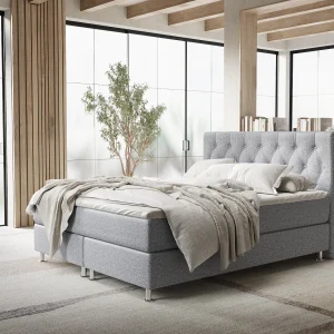 Boxspringbed met hoofdeinde van geweven stof – Excelsior – matras en dekmatras – 160×200 cm – grijs