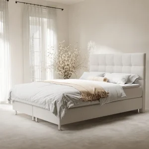 Boxspringbed met hoofdeinde van geweven stof – Chanton – matras en dekmatras – 140×200 cm – beige