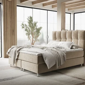 Boxspringbed met hoofdeinde van fluweelstof – Elisio – matras en dekmatras – 180×200 cm – beige Boxspringbed met hoofdeinde van fluweelstof – Elisio – matras en dekmatras – 180×200 cm – beige