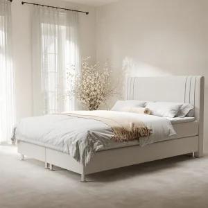 Boxspringbed met hoofdeinde van geweven stof – Casone – matras en dekmatras – 140×200 cm – beige