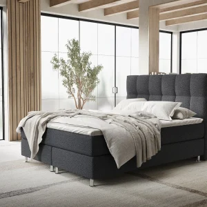 Boxspringbed met hoofdeinde van geweven stof – Elisio – matras en dekmatras – 160×200 cm – zwart