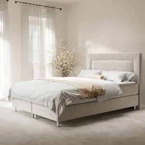 Boxspringbed met hoofdeinde van fluweelstof – Laguno – matras en dekmatras – 140×200 cm – lichtbeige Boxspringbed met hoofdeinde van fluweelstof – Laguno – matras en dekmatras – 140×200 cm – lichtbeige