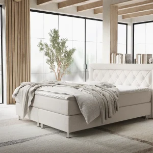 Boxspringbed met hoofdeinde van geweven stof – Lavello – matras en dekmatras – 140×200 cm – beige