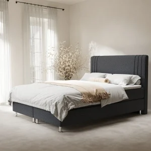 Boxspringbed met hoofdeinde van geweven stof – Casone – matras en dekmatras – 140×200 cm – zwart