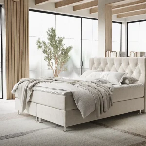 Boxspringbed met hoofdeinde van fluweelstof – Excelsior – matras en dekmatras – 140×200 cm – lichtbeige Boxspringbed met hoofdeinde van fluweelstof – Excelsior – matras en dekmatras – 140×200 cm – lichtbeige