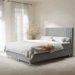 Boxspringbed met hoofdeinde van geweven stof – Casone – matras en dekmatras – 180×200 cm – grijs