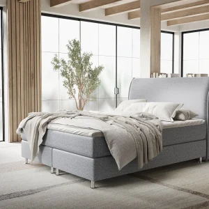 Boxspringbed met hoofdeinde van geweven stof – Chermin – matras en dekmatras – 180×200 cm – grijs