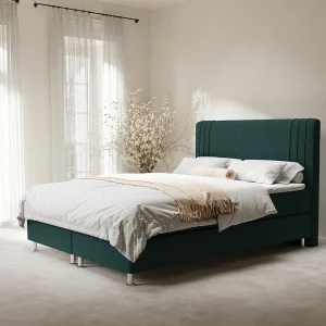 Boxspringbed met hoofdeinde van geweven stof – Casone – matras en dekmatras – 180×200 cm – groen