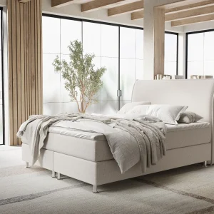 Boxspringbed met hoofdeinde van geweven stof – Chermin – matras en dekmatras – 200×200 cm – beige