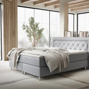 Boxspringbed met hoofdeinde van geweven stof – Lavello – matras en dekmatras – 160×200 cm – grijs