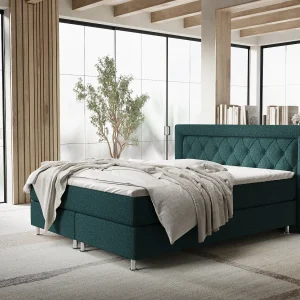 Boxspringbed met hoofdeinde van geweven stof – Lavello – matras en dekmatras – 140×200 cm – groen