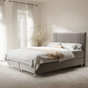 Boxspringbed met hoofdeinde van fluweelstof – Casone – matras en dekmatras – 140×200 cm – taupe