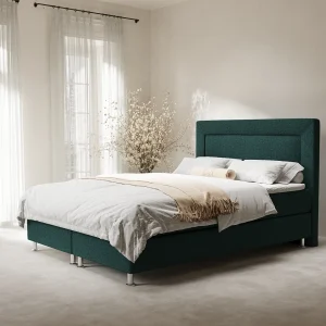 Boxspringbed met hoofdeinde van geweven stof – Laguno – matras en dekmatras – 160×200 cm – groen