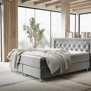 Boxspringbed met hoofdeinde van fluweelstof – Lavello – matras en dekmatras – 180×200 cm – grijs