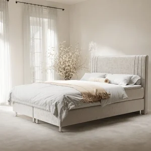 Boxspringbed met hoofdeinde van fluweelstof – Casone – matras en dekmatras – 140×200 cm – lichtbeige
