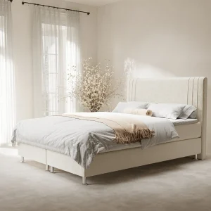 Boxspringbed met hoofdeinde van fluweelstof – Casone – matras en dekmatras – 160×200 cm – creme
