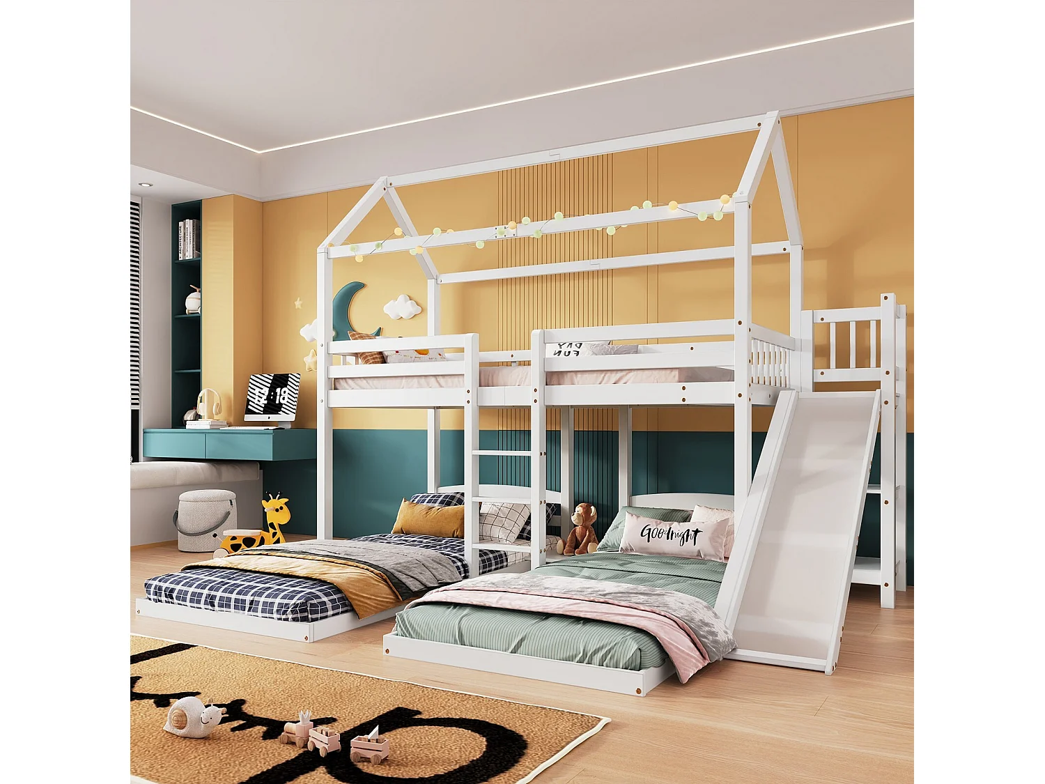 Bunkbedden Cabine 90 x 200 cm, met trappen en dia, pin + MDF, 3 slaapzones, wit