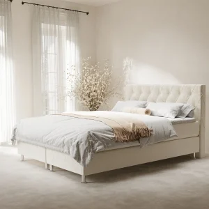 Boxspringbed met hoofdeinde van fluweelstof – Otus – matras en dekmatras – 140×200 cm – creme Boxspringbed met hoofdeinde van fluweelstof – Otus – matras en dekmatras – 140×200 cm – creme
