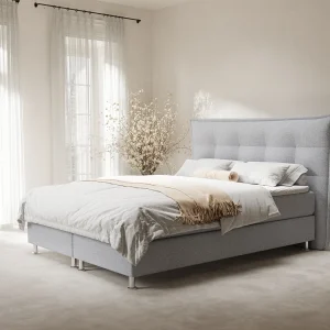 Boxspringbed met hoofdeinde van geweven stof – Minori – matras en dekmatras – 200×200 cm – lichtgrijs
