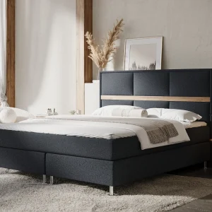Boxspringbed met hoofdeinde van geweven stof – Soto – matras en dekmatras – 140×200 cm – zwart