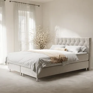 Boxspringbed met hoofdeinde van fluweelstof – Otus – matras en dekmatras – 140×200 cm – lichtbeige Boxspringbed met hoofdeinde van fluweelstof – Otus – matras en dekmatras – 140×200 cm – lichtbeige
