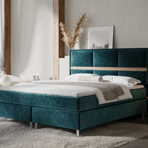 Boxspringbed met hoofdeinde van fluweelstof – Soto – matras en dekmatras – 140×200 cm – turquoise