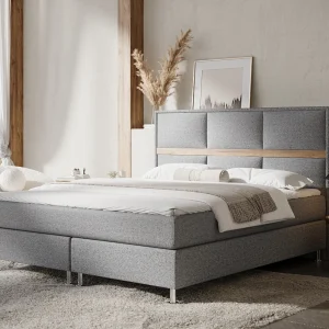 Boxspringbed met hoofdeinde van geweven stof – Soto – matras en dekmatras – 140×200 cm – grijs