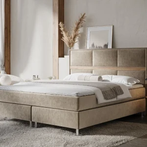 Boxspringbed met hoofdeinde van fluweelstof – Soto – matras en dekmatras – 160×200 cm – beige
