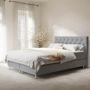 Boxspringbed met hoofdeinde van geweven stof – Otus – matras en dekmatras – 160×200 cm – grijs