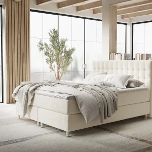 Boxspringbed met hoofdeinde van fluweelstof – Sorrento – matras en dekmatras – 140×200 cm – creme
