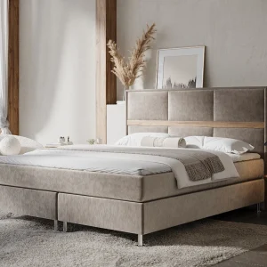 Boxspringbed met hoofdeinde van fluweelstof – Soto – matras en dekmatras – 200×200 cm – taupe Boxspringbed met hoofdeinde van fluweelstof – Soto – matras en dekmatras – 200×200 cm – taupe