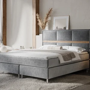 Boxspringbed met hoofdeinde van fluweelstof – Soto – matras en dekmatras – 180×200 cm – grijs
