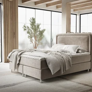 Boxspringbed met hoofdeinde van fluweelstof – Salvi – matras en dekmatras – 200×200 cm – taupe