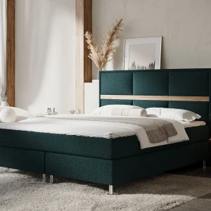 Boxspringbed met hoofdeinde van geweven stof – Soto – matras en dekmatras – 140×200 cm – groen