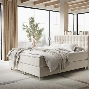 Boxspringbed met hoofdeinde van fluweelstof – Sorrento – matras en dekmatras – 140×200 cm – lichtbeige