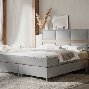Boxspringbed met hoofdeinde van geweven stof – Soto – matras en dekmatras – 160×200 cm – lichtgrijs