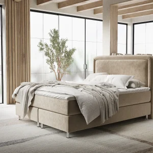 Boxspringbed met hoofdeinde van fluweelstof – Salvi – matras en dekmatras – 180×200 cm – beige