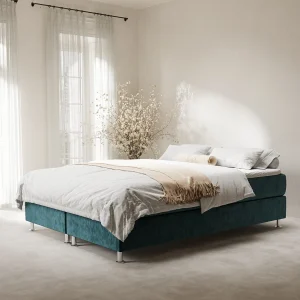 Boxspringbed met hoofdeinde van fluweelstof – Sub – matras en dekmatras – 160×200 cm – turquoise