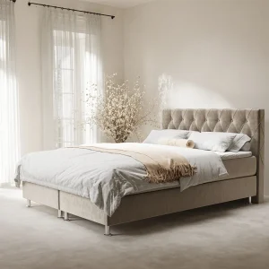 Boxspringbed met hoofdeinde van fluweelstof – Otus – matras en dekmatras – 140×200 cm – beige Boxspringbed met hoofdeinde van fluweelstof – Otus – matras en dekmatras – 140×200 cm – beige