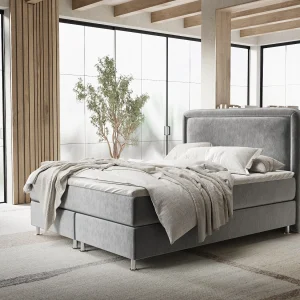 Boxspringbed met hoofdeinde van fluweelstof – Salvi – matras en dekmatras – 180×200 cm – grijs