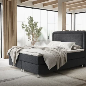 Boxspringbed met hoofdeinde van geweven stof – Salvi – matras en dekmatras – 160×200 cm – zwart