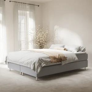 Boxspringbed met hoofdeinde van geweven stof – Sub – matras en dekmatras – 200×200 cm – lichtgrijs