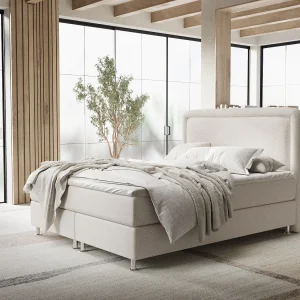 Boxspringbed met hoofdeinde van geweven stof – Salvi – matras en dekmatras – 180×200 cm – beige