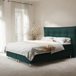 Boxspringbed met hoofdeinde van geweven stof – Minori – matras en dekmatras – 180×200 cm – groen