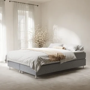 Boxspringbed met hoofdeinde van geweven stof – Sub – matras en dekmatras – 200×200 cm – grijs