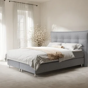 Boxspringbed met hoofdeinde van geweven stof – Minori – matras en dekmatras – 200×200 cm – grijs