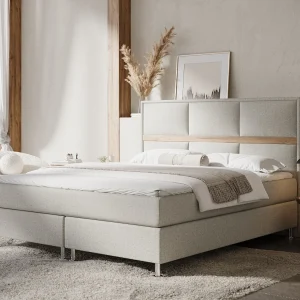 Boxspringbed met hoofdeinde van geweven stof – Soto – matras en dekmatras – 180×200 cm – beige